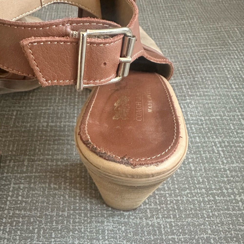 Coach And Four Tan Brown Suede & Leather Peep Toe Block Heel Slingback Size 10 - Picture 11 of 13